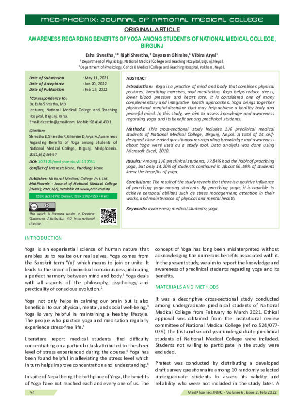 (PDF) Awareness of Yoga and Its Benefit Among Medical Students of ...