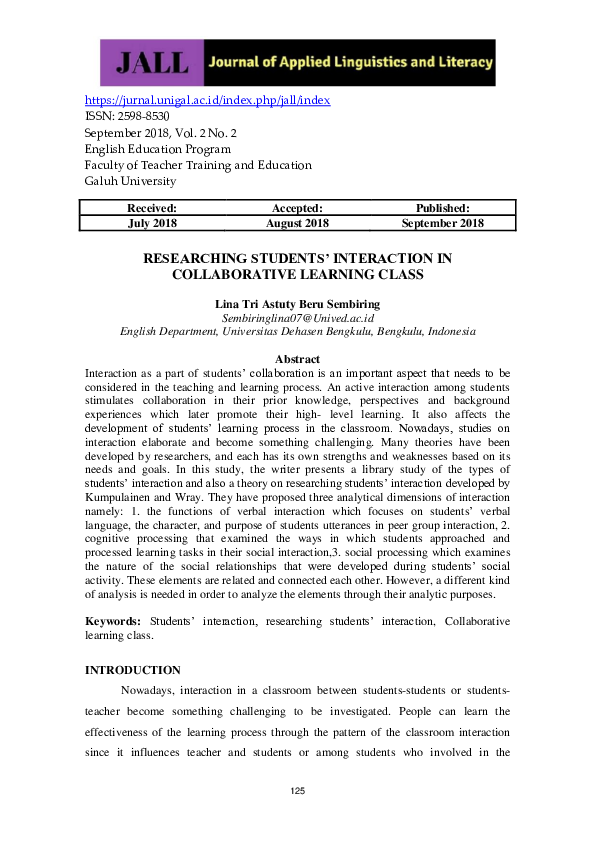 (PDF) Researching Students’ Interaction in Collaborative Learning Class