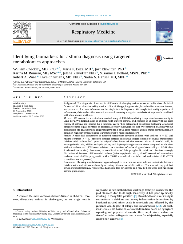 (PDF) Identifying biomarkers for asthma diagnosis using targeted ...