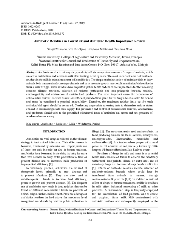 (PDF) Antibiotic Residues in Cow Milk and its Public Health Importance ...