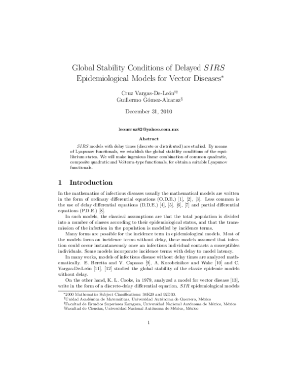 (PDF) Global stability conditions of delayed SIRS epidemiological model ...
