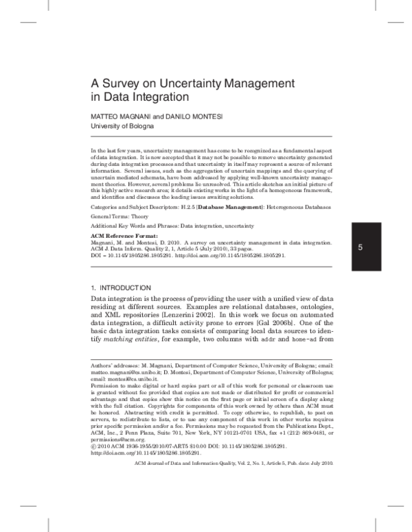 (PDF) A Survey on Uncertainty Management in Data Integration