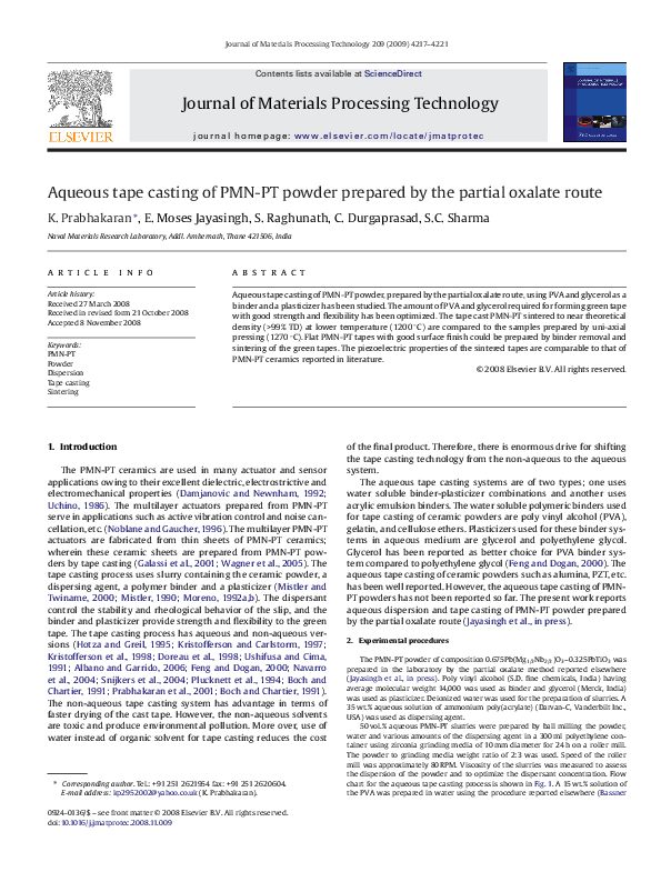 (PDF) Aqueous tape casting of PMN-PT powder prepared by the partial ...