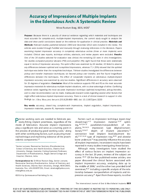 (PDF) Accuracy of impressions of multiple implants in the edentulous arch a systematic review