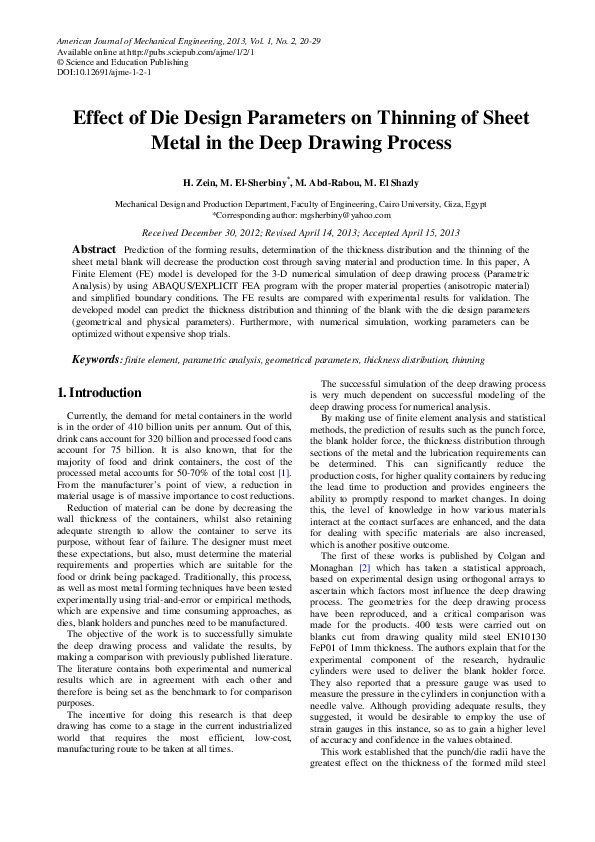 (PDF) Effect of Die Design Parameters on Thinning of Sheet Metal in the ...