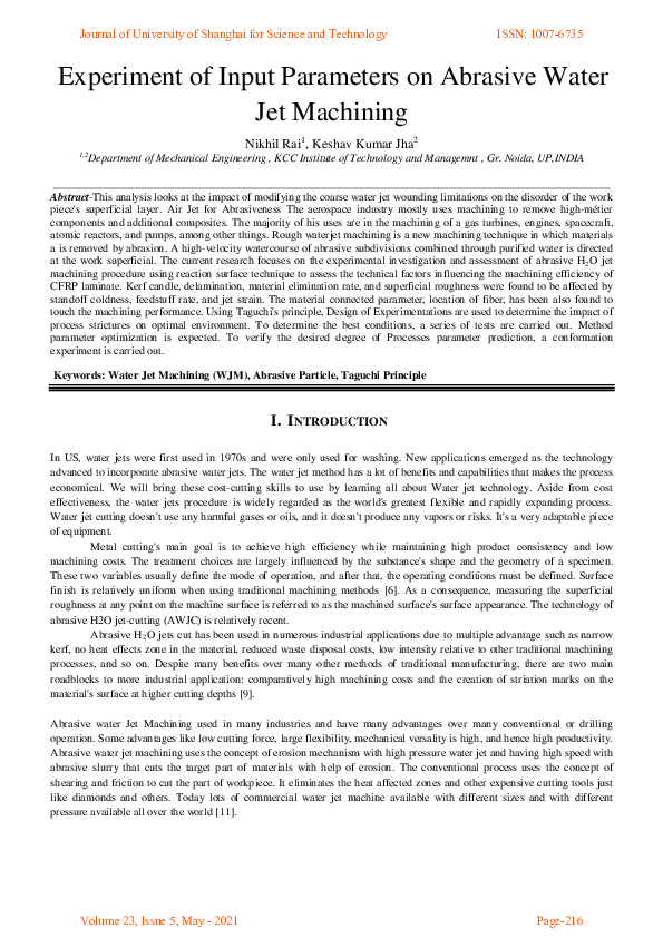 (PDF) Experiment of Input Parameters on Abrasive Water Jet Machining Nikhil Rai Academia.edu