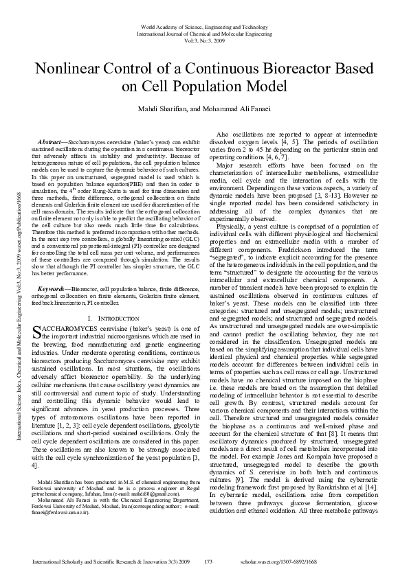 (PDF) Nonlinear Control Of A Continuous Bioreactor Based On Cell ...
