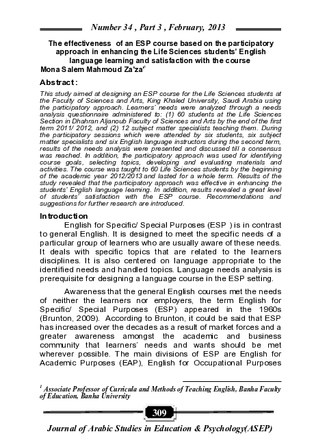 (PDF) The effectiveness of an ESP course based on the participatory ...