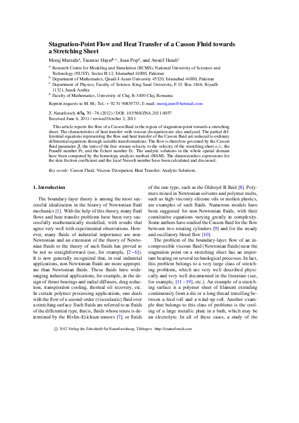 (PDF) Stagnation-Point Flow and Heat Transfer of a Casson Fluid towards ...