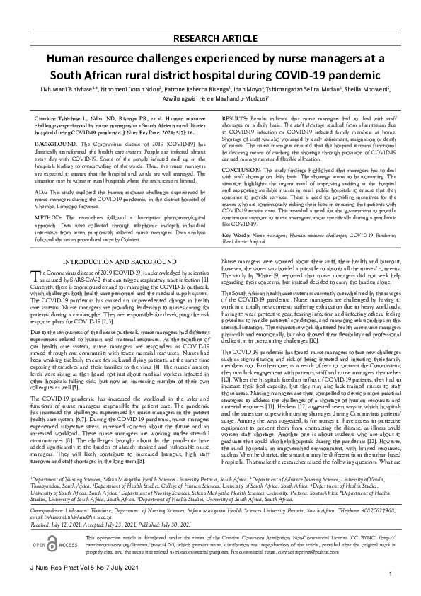(PDF) Human resource challenges experienced by nurse managers at a ...