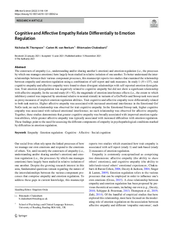 (PDF) Cognitive and Affective Empathy Relate Differentially to Emotion ...