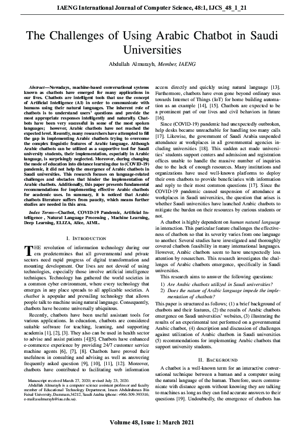 (PDF) The Challenges of Using Arabic Chatbot in Saudi Universities
