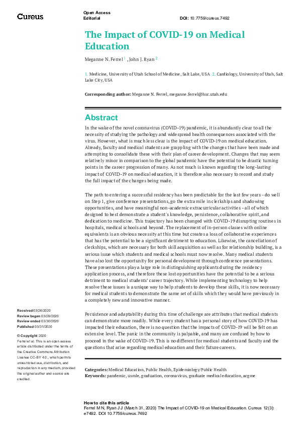 (PDF) The Impact of COVID-19 on Medical Education
