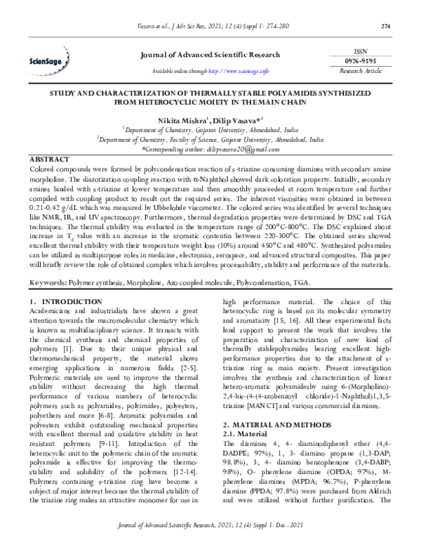 (PDF) Study and Characterization of Thermally Stable Polyamides ...