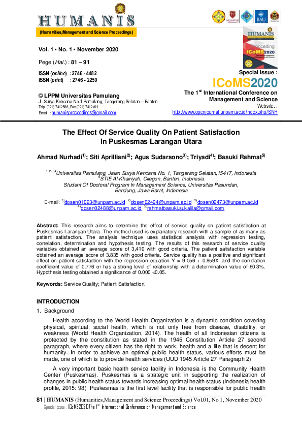 (PDF) The Effect Of Service Quality On Patient Satisfaction In ...