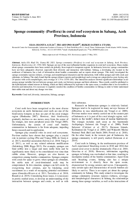 (PDF) Sponge community (Porifera) in coral reef ecosystem in Sabang ...