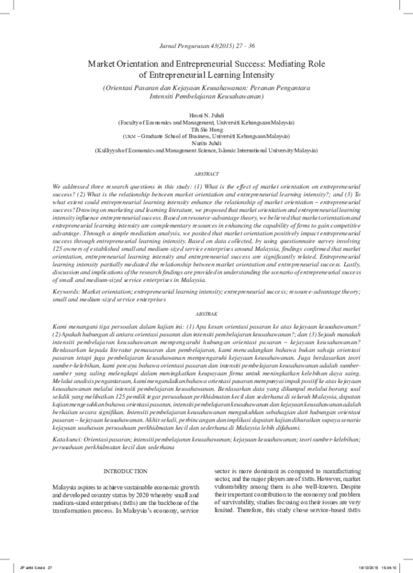 (PDF) Market orientation and entrepreneurial success: Mediating role of ...