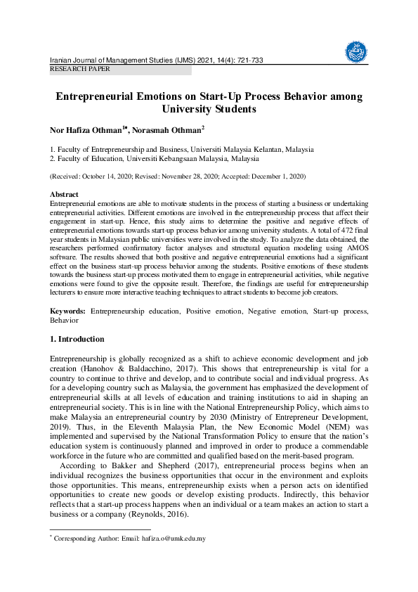 (PDF) Entrepreneurial Emotions on Start-Up Process Behavior among ...