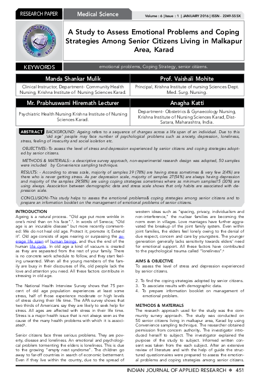 (PDF) A Study to Assess Emotional Problems and Coping Strategies Among ...
