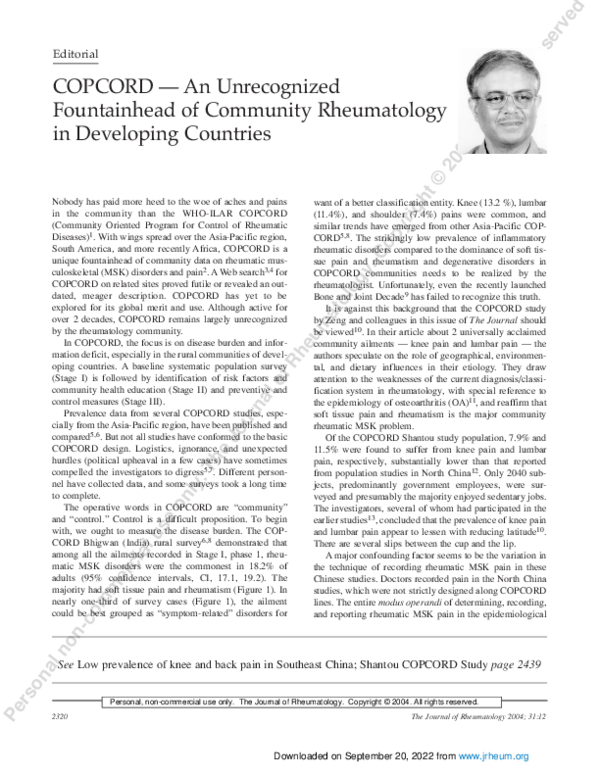 (PDF) COPCORD--an unrecognized fountainhead of community rheumatology ...