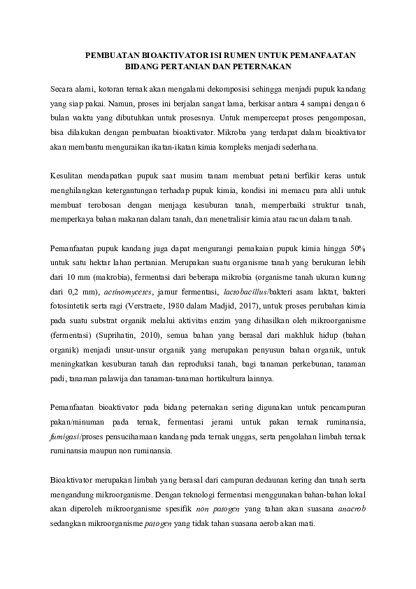 (DOC) PEMBUATAN BIOAKTIVATOR ISI RUMEN UNTUK PEMANFAATAN BIDANG ...
