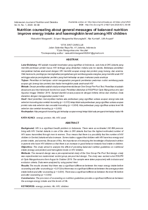 Nutrition counseling about general messages of balanced nutrition improve energy intake and haemoglobin level among HIV children