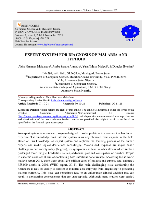(PDF) Expert System for Diagnosis of Malaria and Typhoid