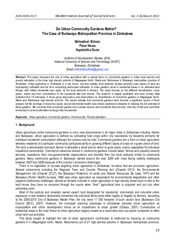 (PDF) Do Urban Community Gardens Matter? : The Case of Bulawayo ...