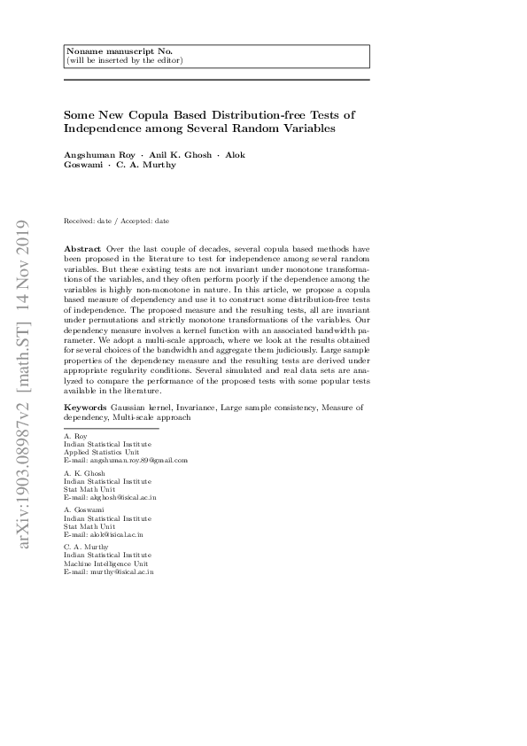(PDF) Some New Copula Based Distribution-free Tests of Independence ...