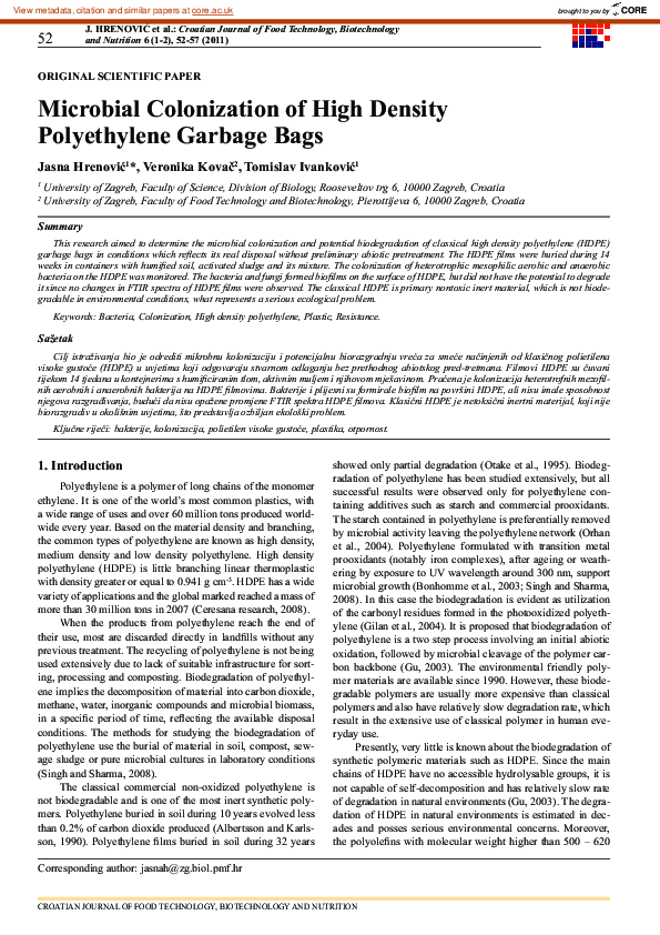 (PDF) Microbial colonization of high density polyethylene garbage bags