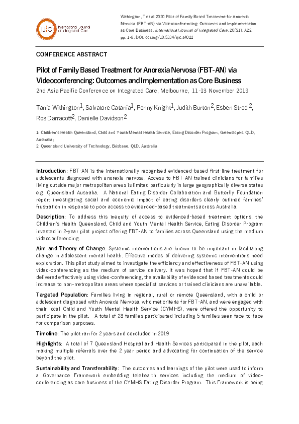 (PDF) Pilot of Family Based Treatment for Anorexia Nervosa (FBT-AN) via ...