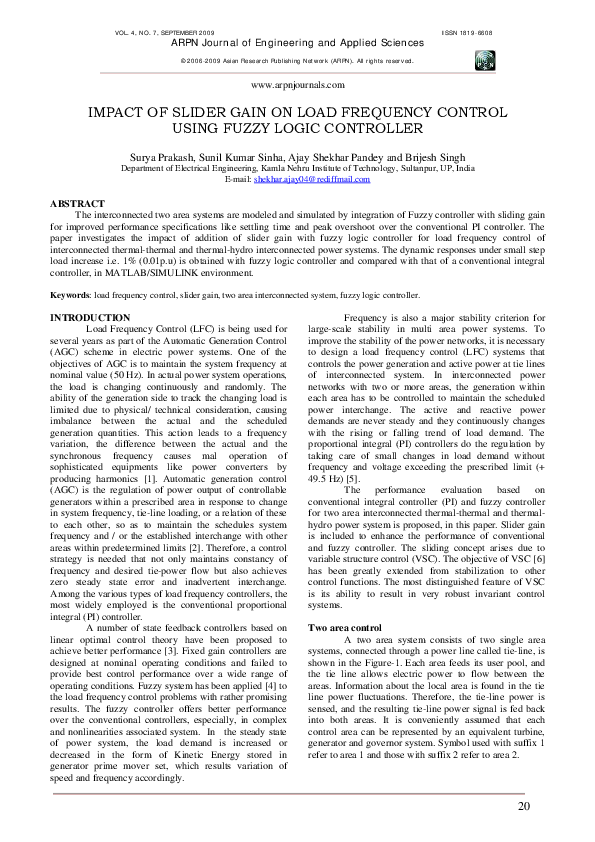 (PDF) Impact of Slider Gain on Load Frequency Control Using Fuzzy Logic ...