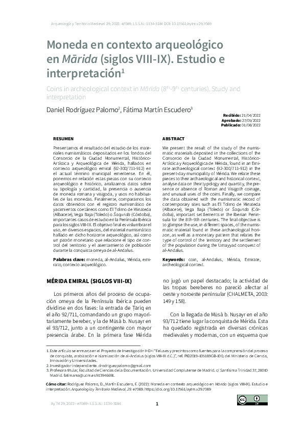 (PDF) Moneda en contexto arqueológico en Marida (siglos VIII-IX ...