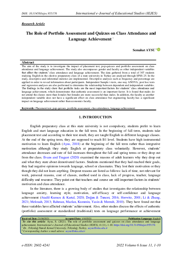 (PDF) The Role of Portfolio Assessment and Quizzes on Class Attendance ...