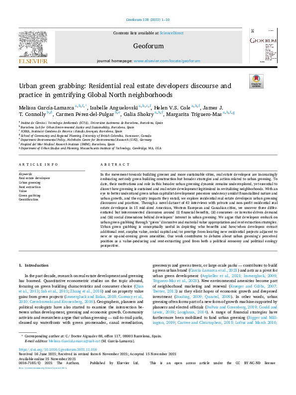 (PDF) Urban green grabbing Residential real estate developers