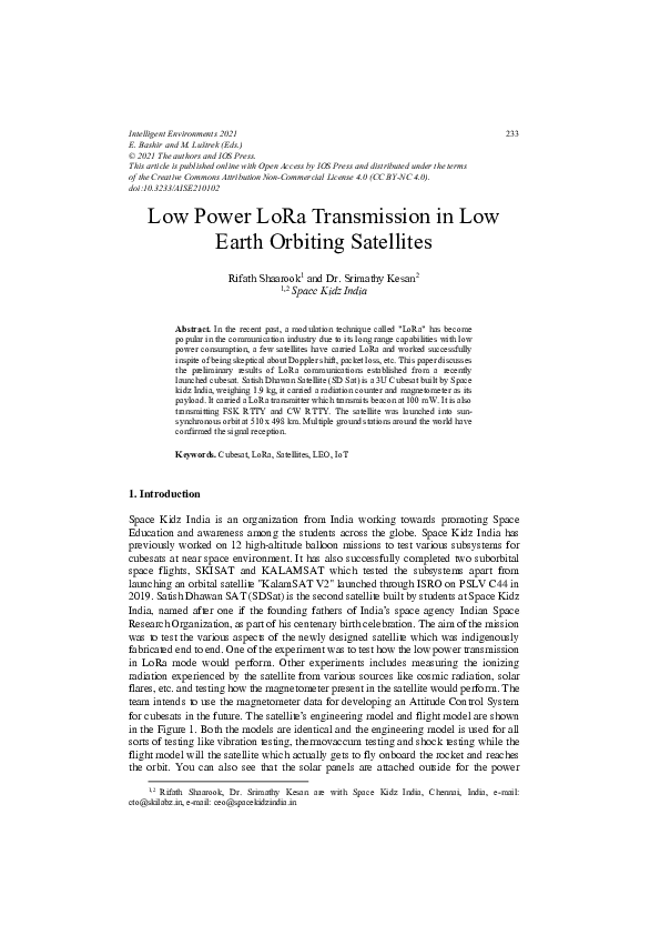 (PDF) Low Power LoRa Transmission in Low Earth Orbiting Satellites