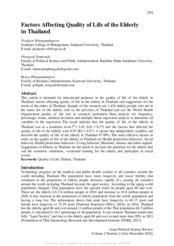 (PDF) Quality of Life Factors for Thai Elders
