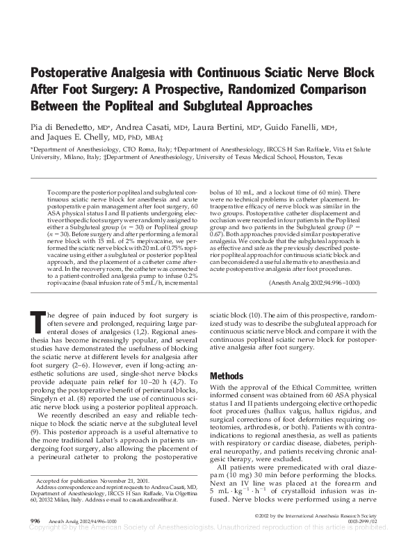 (PDF) Postoperative Analgesia with Continuous Sciatic Nerve Block After ...