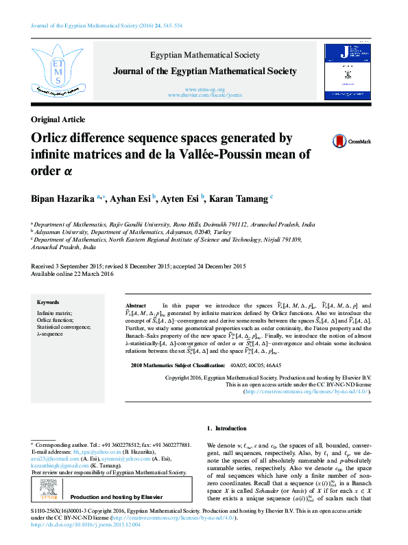 (PDF) Orlicz difference sequence spaces generated by infinite matrices ...