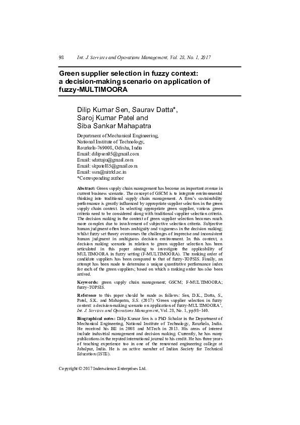 (PDF) Green supplier selection in fuzzy context: a decision-making ...