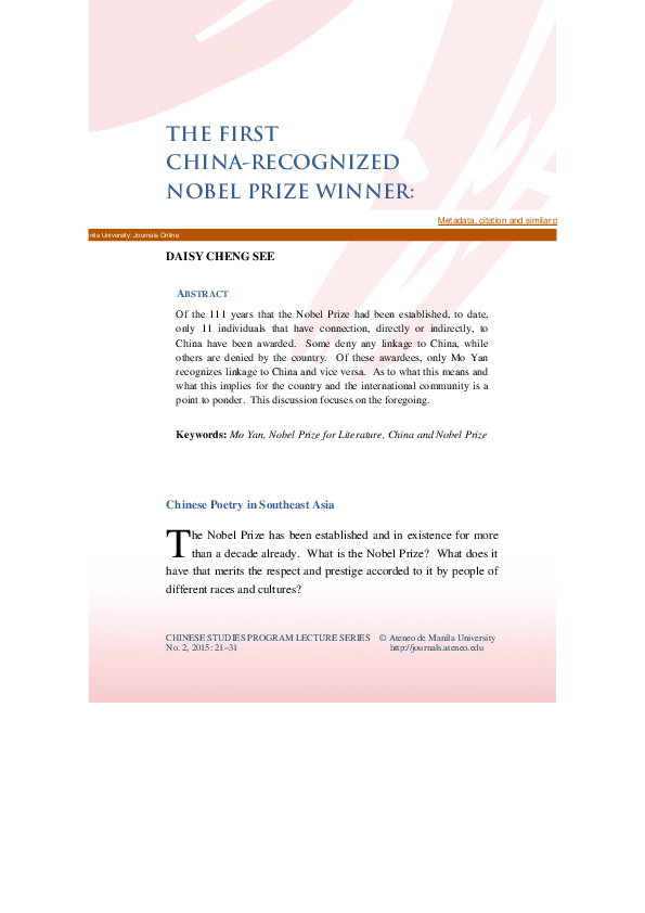 (PDF) The First China-Recognized Nobel Prize Winner: His Life and Works