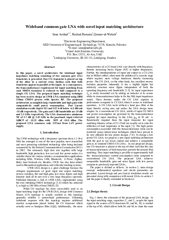 (PDF) Wideband common gate LNA with novel input matching technique