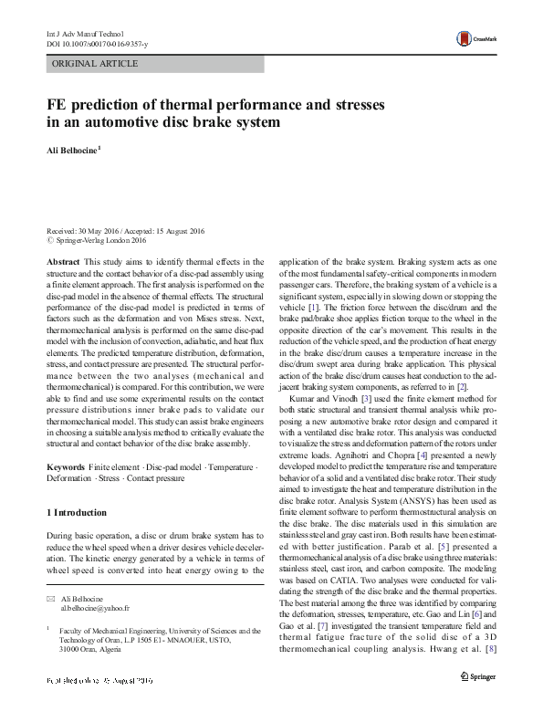 (PDF) FE Prediction of Thermal Performance and Stresses in a Disc Brake ...