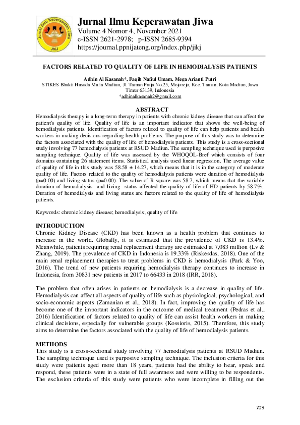 (PDF) Factors Related to Quality of Life in Hemodialysis Patients