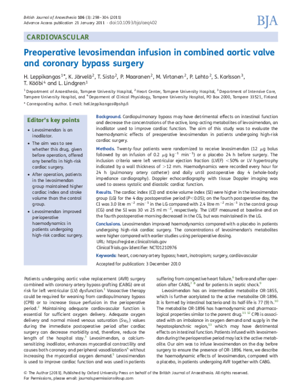 (PDF) Preoperative levosimendan infusion in combined aortic valve and ...