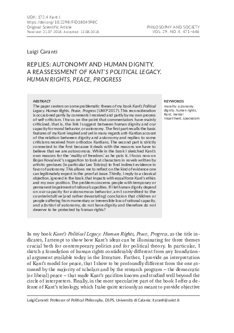 (PDF) Replies: Autonomy and human dignity. A reassessment of Kant’s ...