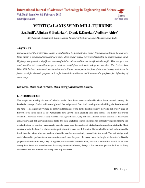 (PDF) Verticalaxis Wind Mill Turbine | Vaibhav Ahire - Academia.edu