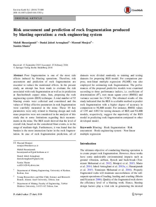 (PDF) Risk assessment and prediction of rock fragmentation produced by ...