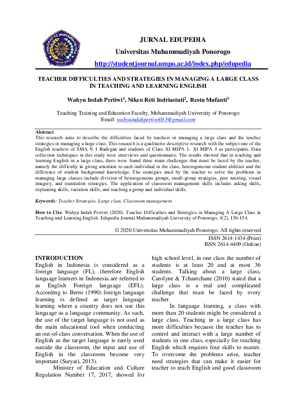 (PDF) Teacher Difficulties and Strategies in Managing a Large Class in ...