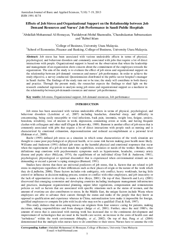 (PDF) Effects of Job Stress and Organizational Support on the ...
